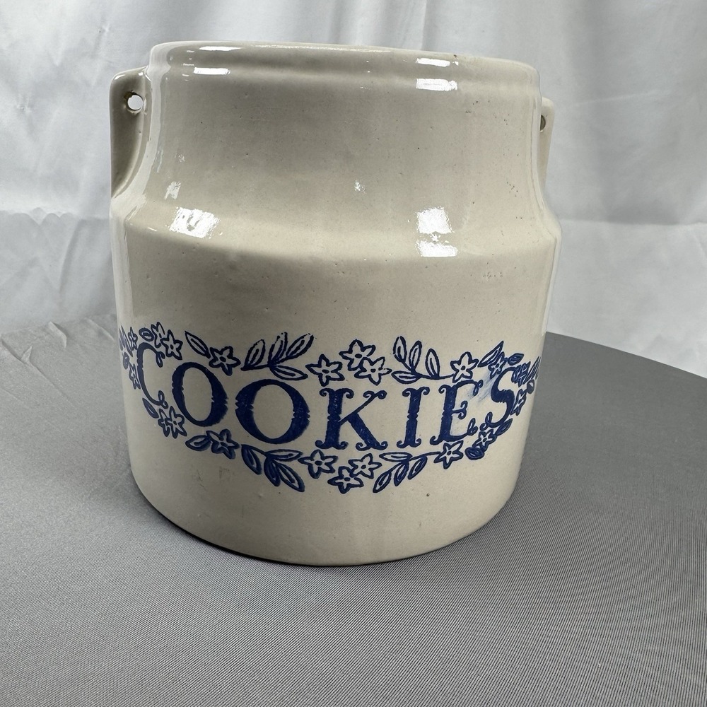 Vintage White Monmouth Pottery Stoneware Cookies cookie jar, Blue Trim, No Lid